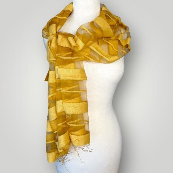 Pure 100% Silk Hand Woven Scarf Wrap Sheered Fringed Fusion Gold Made in India - Picture 1 of 7